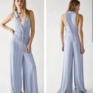 Free People Shayla Printed Halter 70s Flare Leg Jumpsuit